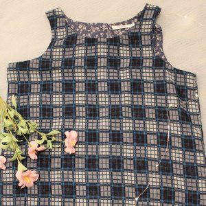 RICKIS Reversible Sleeveless Tunic Top Blue Plaid Floral Pattern